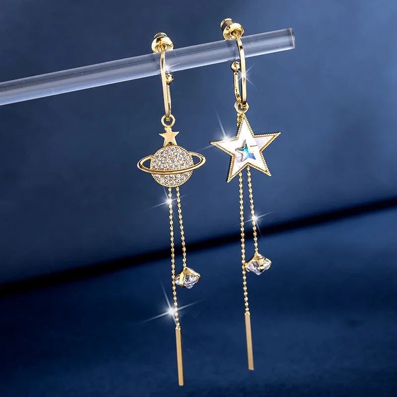 2024 New Trend Star Earth Long Tassel Dangle Earrings For Women Planet Crystal Statement Pendant Earrings Wedding Party Jewelry