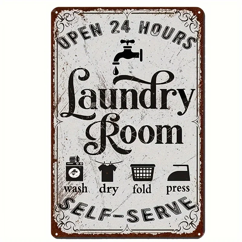 1pc Vintage Metal Laundry Room Sign - Rustic 24/7 Self-Service Wall Decor with Distressed Finish, Iron Tinplate, Open 24 Hours