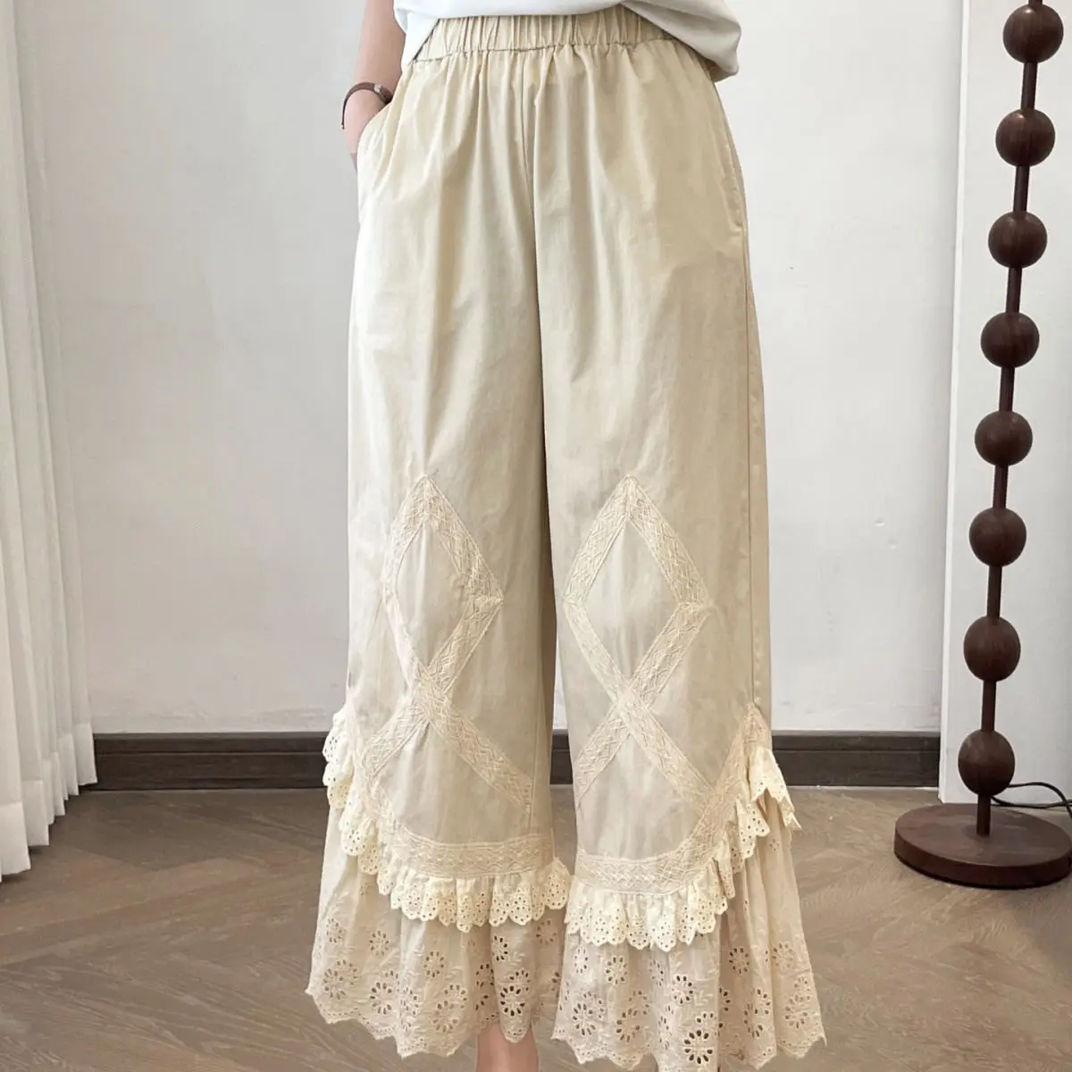 Small Bell-Bottom Pants Lace Webbing Double-Layer Lace Casual Embroidered Forest Sweet High-Waisted Wide-Leg Pants For Women