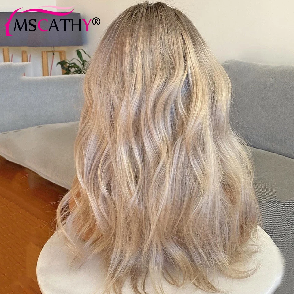 Ash Blonde Ombre Lace Frontal Wig para Mulheres, Onda Do Corpo, Destaque Perucas de Cabelo Humano Brasileiro, Transparente HD Lace Wig, 13x6