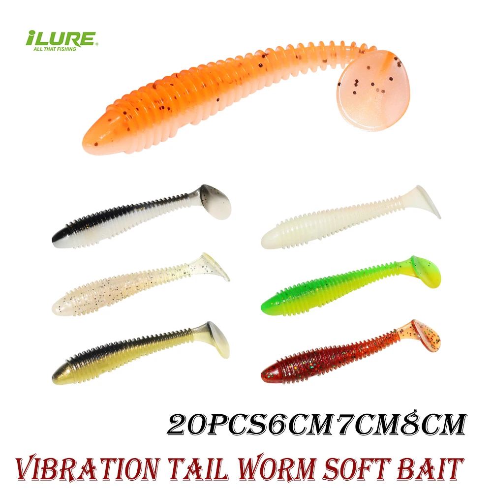 ILURE 20PCs Soft Silicone fiShing Lures With Spiral Tail And T-tail Artificial Bait 6cm7cm8cm Wobbler Trout Fishing Accessories