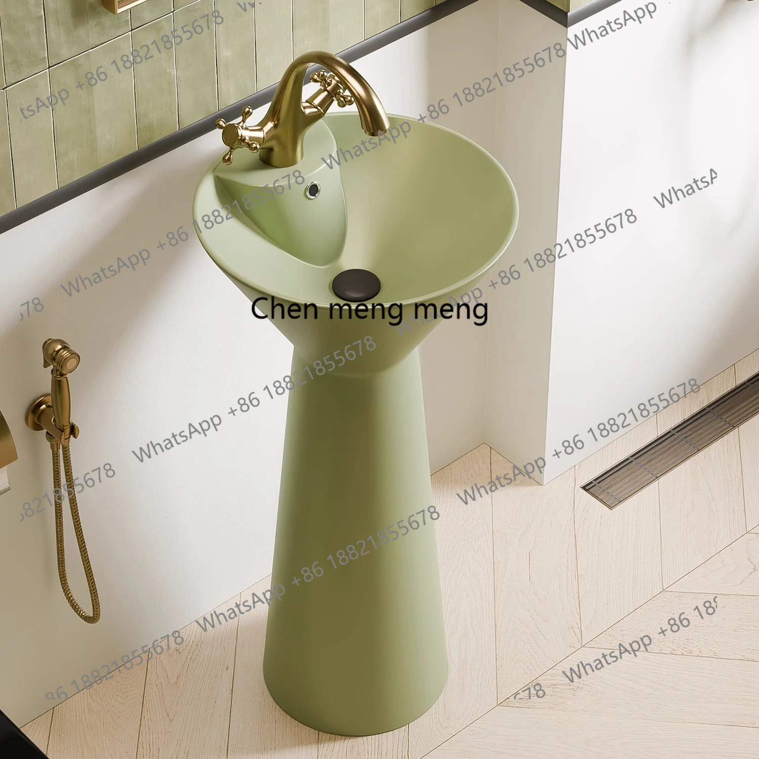 

Retro green integrated floor-to-ceiling ceramic column basin small apartment bathroom hand washing, washbasin
