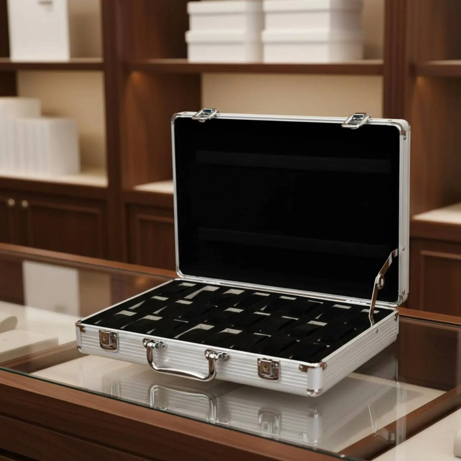 

24 Compartment Watch Case With Handle Watch Display Case Secure Lock Soft Safeguarding Interior for Market Stalls, Travel