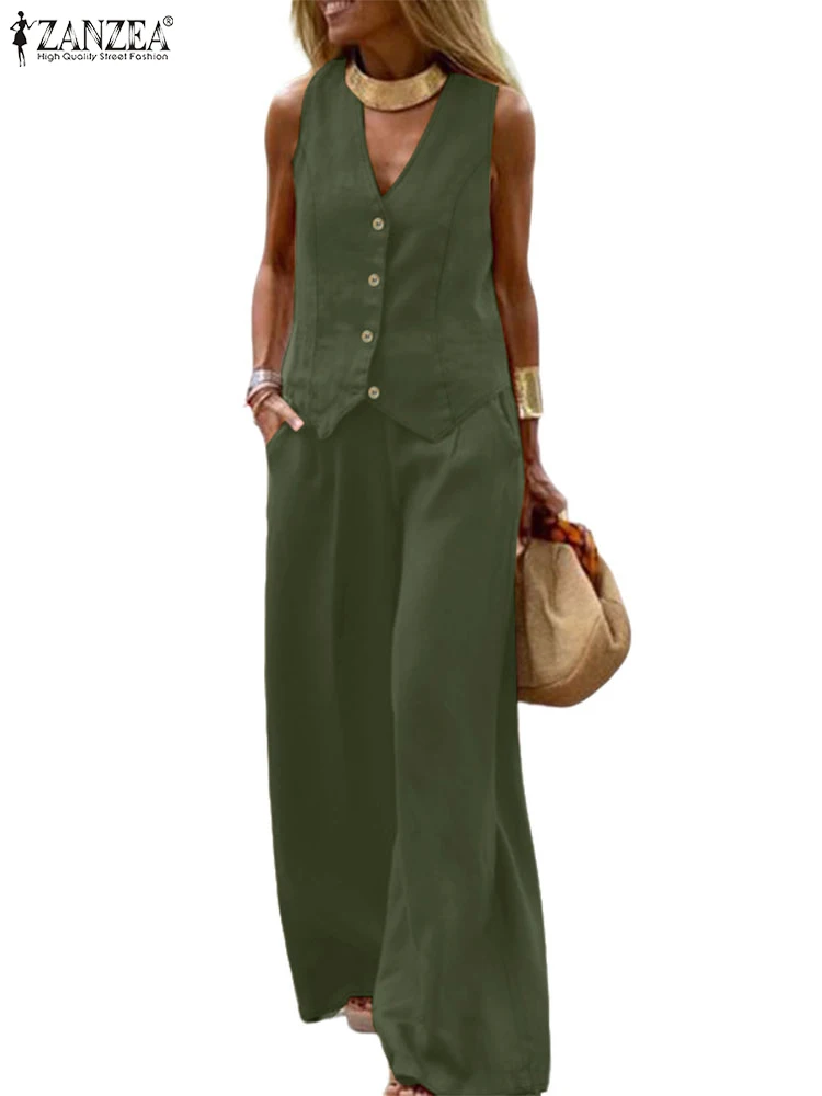 

ZANZEA V-Neck Sleeveless Vests Tops Old Money Style Pant Sets Commute Woman Elegant Wide Leg Pant Two Piece Outfits 2 Piece Sets