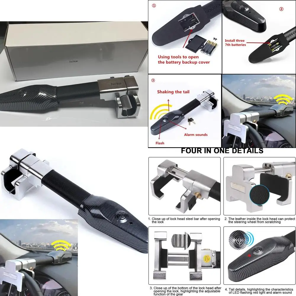 Steering Wheel Lock Anti-Theft Device with Alarm Security Car Anti Theft Safety Lock Retractable Protection T-Lock