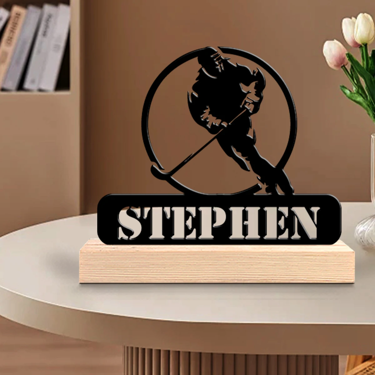 1pc Customizable Metal Desktop Ornaments Custom Content Equipped with Wooden Base Art Decoration, Desktop Decoration