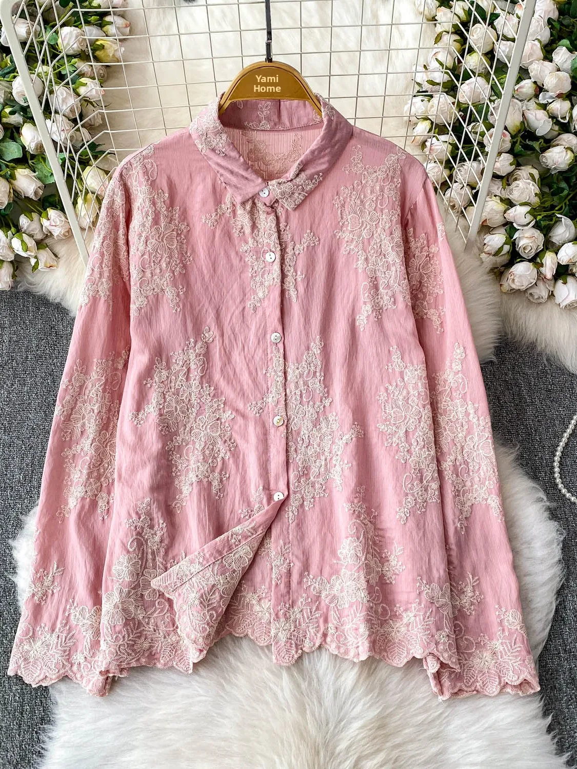 

Ele Embroidered Long Sve irt Loose Fit Collar Women's Summer Faion Outerwear Korean Sle Casual Comfortable