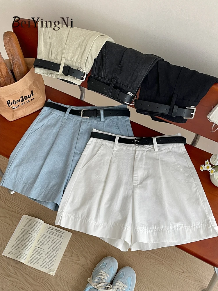 Beiyingni Korean Women High Waist Shorts With Belt Elegant Cotton Linen Casual Slim Female Shorts White Street Short Cargo Pants