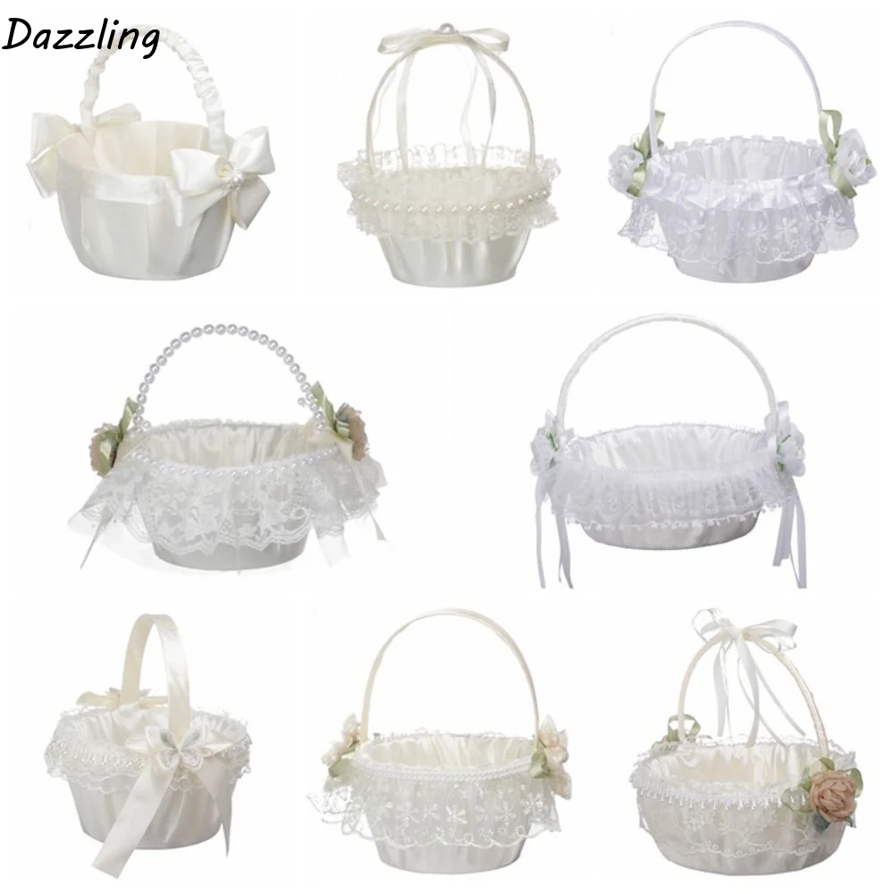 Cesta de flores de encaje para boda, cesta de flores con lazo de cinta de rosas, cesta para niñas de las flores, bolso de muñeca de gran capacidad, decoraciones para fiestas de boda