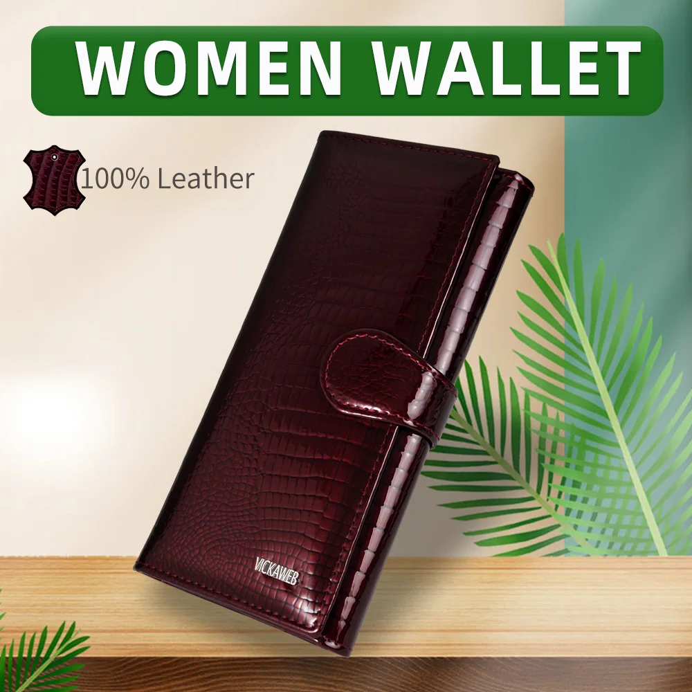VICKAWEB Large Hasp Genuine Leather Photo Card Holder Snap-Fastener Woman Wallet Luxury Brand Design Ladies Card Woman Long Red