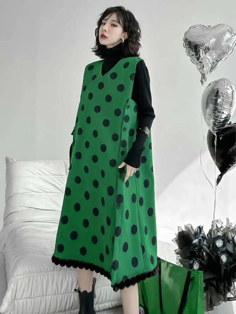 

Women Green Dot Big Size Vintage Elegant Woolen Dress New V-Neck Sleeveless Fashion Tide Spring Autumn