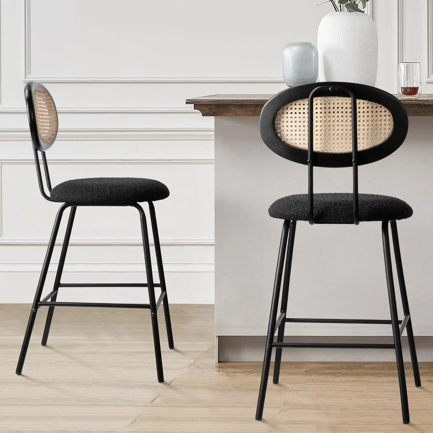 

Mid Century Rattan Backrest Dining Chair,Black Boucle Kitchen Side Chairs with Metal Legs(Black, 26 Inch Counter Stool Set of 2)