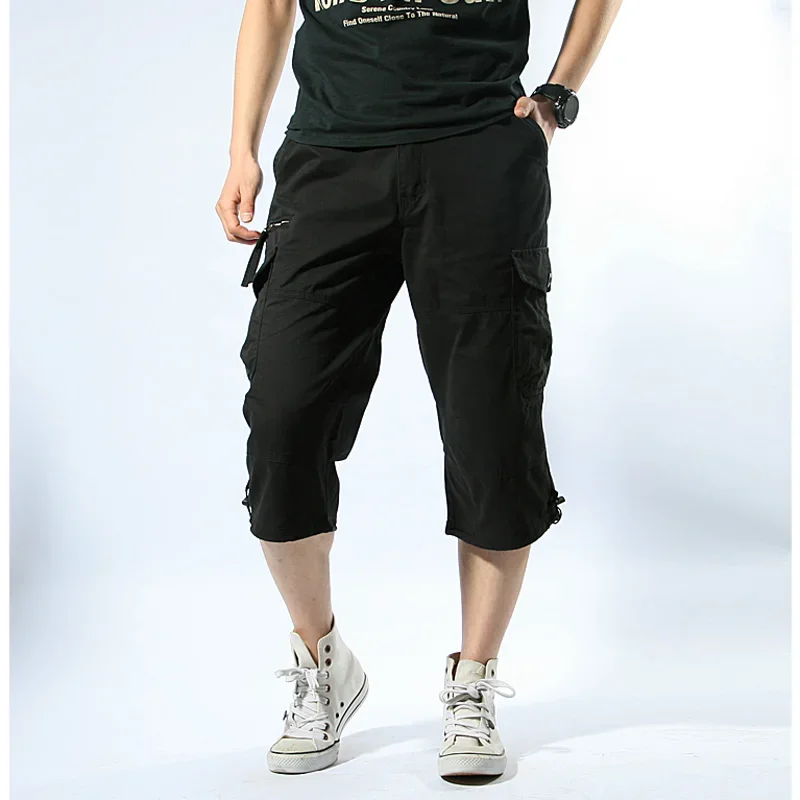 Male Shorts Multi Pocket Summer Loose Zipper Breeches Khaki Grey Plus Size Short Pant Casual Cotton Black Long Mens Cargo Shorts