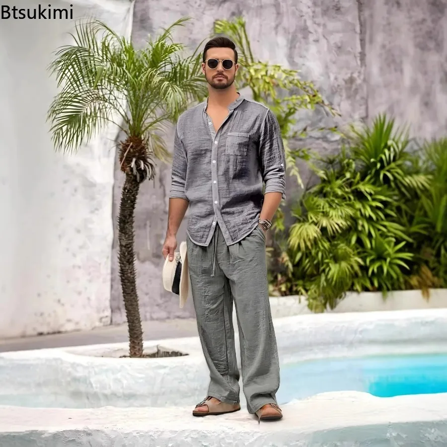 New Men's Casual Cotton Linen 2PCS Sets Stand Collar Shirt Modern Pocket Linen Pants 2-Piece Outfits Spring Casual Loose Fit Set view 4