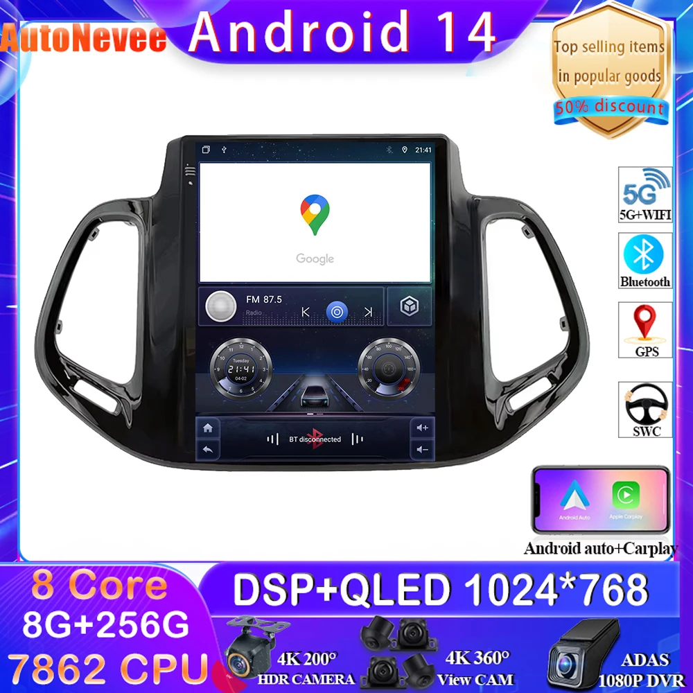 

9.7 inch Android14 Car Radio Carplay for Jeep Compass 2 MP 2016-2019 For Style Android Car Multimedia play Stereo GPS Head Unit