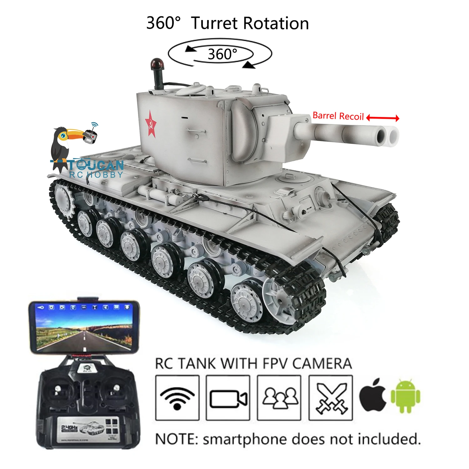 HENG LONG 1/16 7.0 Upgraded FPV Soviet KV-2 Gigant RC Tank 3949 360° Turret Metal Track Gearbox Smoke Unit Wheels TH20016SMT4