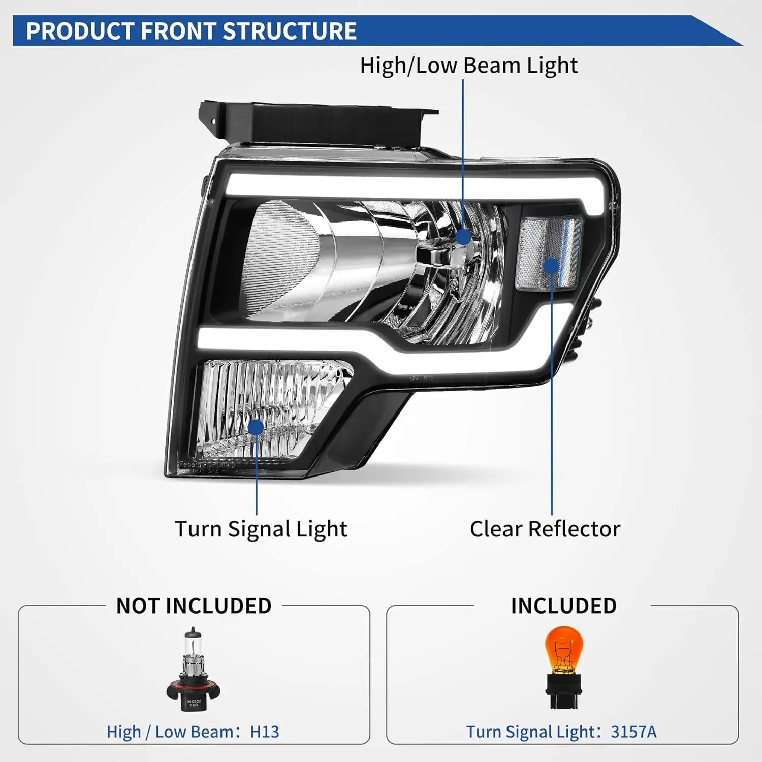 Sulinso 2pcs Headlights Assembly for Ford F150 F-150 2009 2010 2011 2012 2013 2014,Led DRL Headlamp,Black Housing