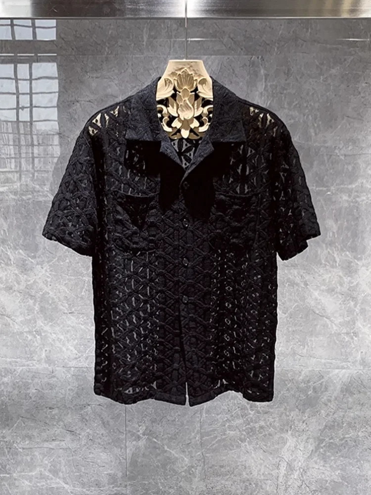 Summer Men Hollow Out Beach Shirt Floral Crochet Vintage Breathable Tops Loose Single Breasted Lapel Collar Short Sleeve Shirts