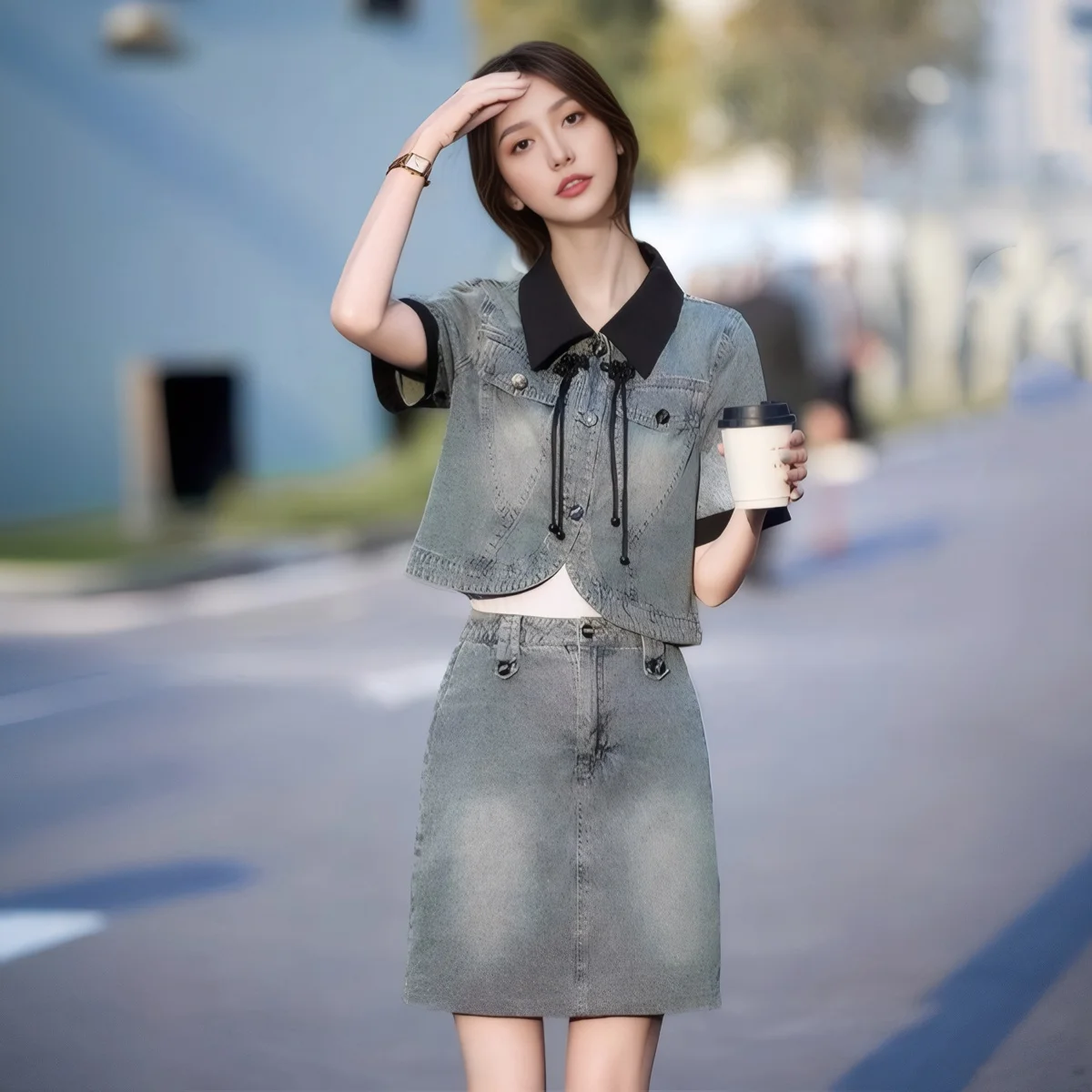 Ele Chinese Sle Women's Denim Skirt Set Summer 2025 Faion Two-Piece Suit ort Sve Collar Button down