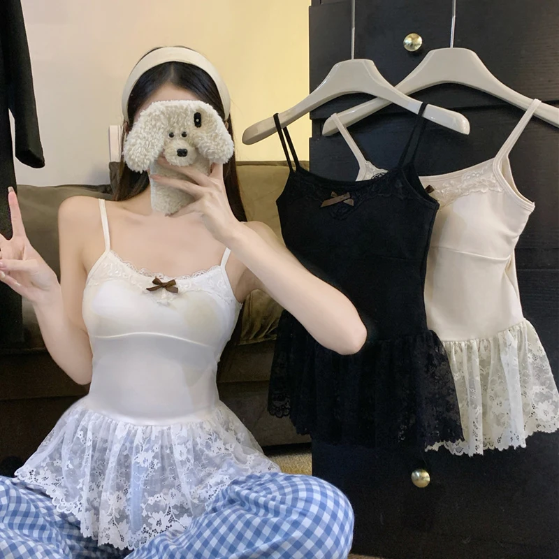 

Summer New Korean Lace Skirt Small Camisole Women's Summer New Bow Can Be Worn Outside To Show Thin Short Camisole Vest