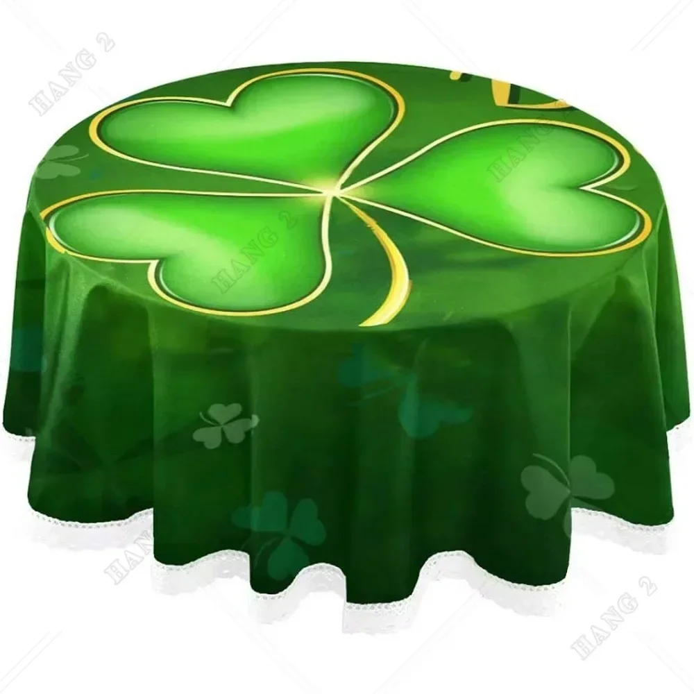 St Patrick's Day Shamrock Golden Round Tablecloth Elf Hat Green Clover Flowers Table Cloth Cover Mat Lace Washable Polyester