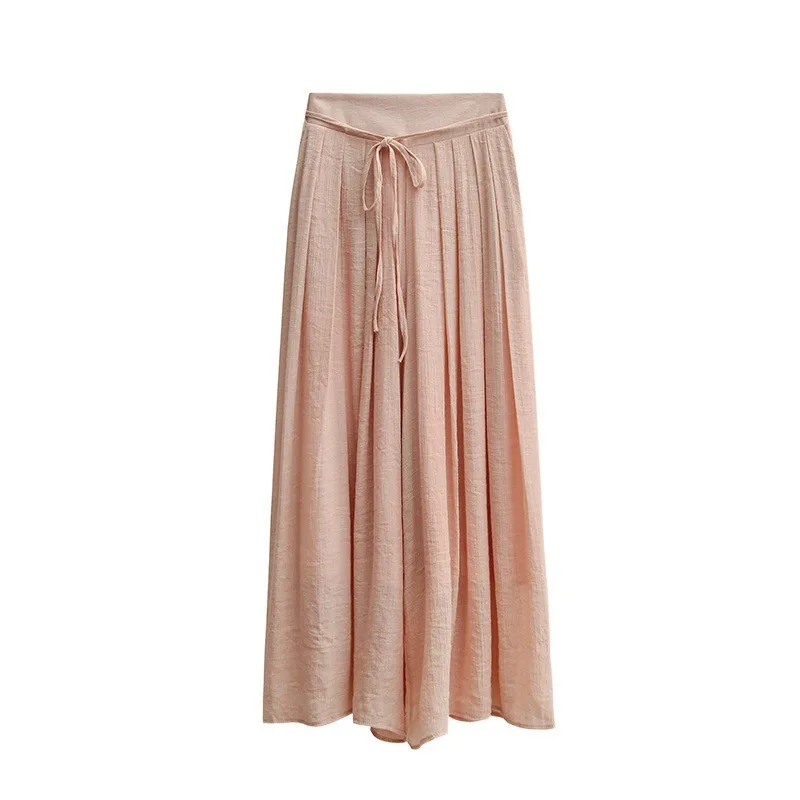シルクのような薄手のコットンリネンワイドレッグドレープスカートパンツ、実価格、夏の新作、伸縮性ウエスト、韓国風、通勤、風通しの良い、女性用...