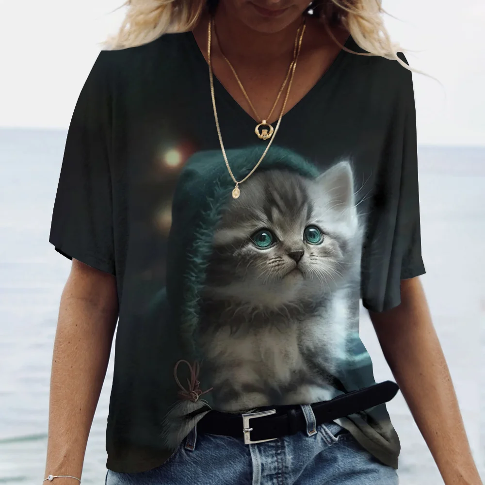 Camiseta feminina de manga curta estampada de gato, camiseta feminina Harajuku, tops extragrandes com decote em v, roupas animais, moda feminina