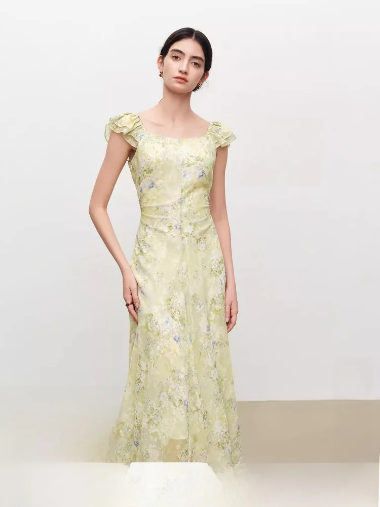 

Платье миди с цветочным принтом и завышенной талией, летний стиль для отпуска, шифоновое платье с рукавами-крылышками, женская мода, городской повседневный уличный стиль