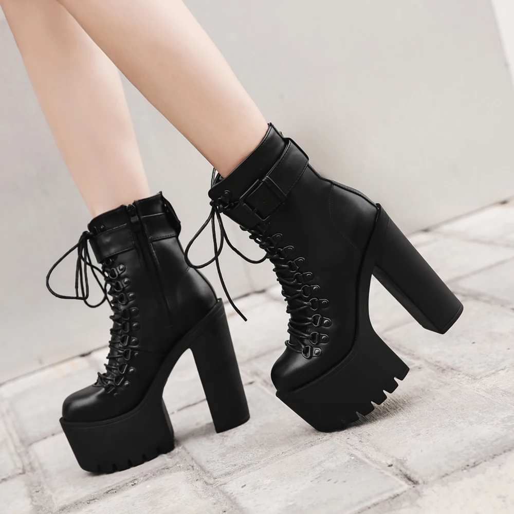 Gdgydh Women's Platform Chunky High Heel Ankle Boots Black Buckle Strap Lace Up Side Zipper Motorcycle Boots Punk Style Shoes