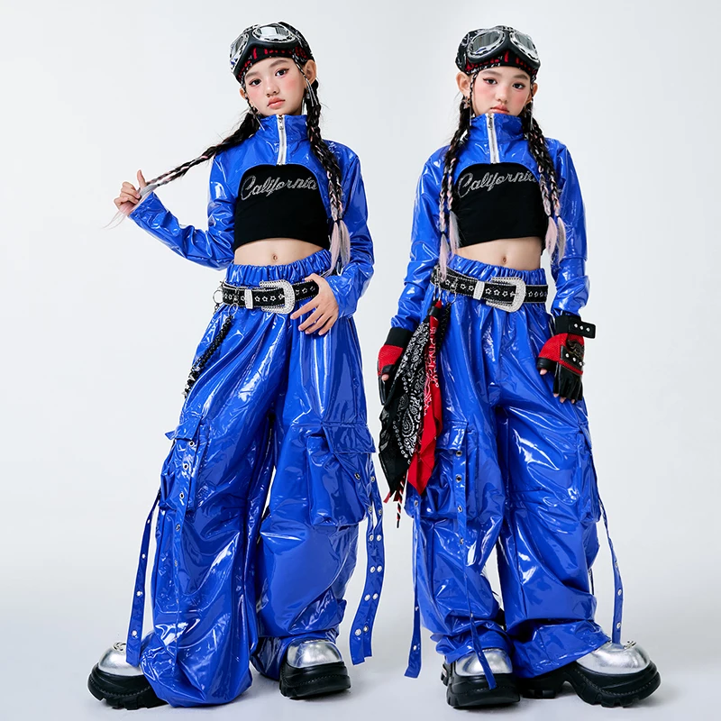 2025-hip-hop-jazz-danse-vetements-filles-mode-kpop-tenue-bleu-vif-haut-court-baggy-pantalon-pistes-spectacle-performance-porter-amy2780