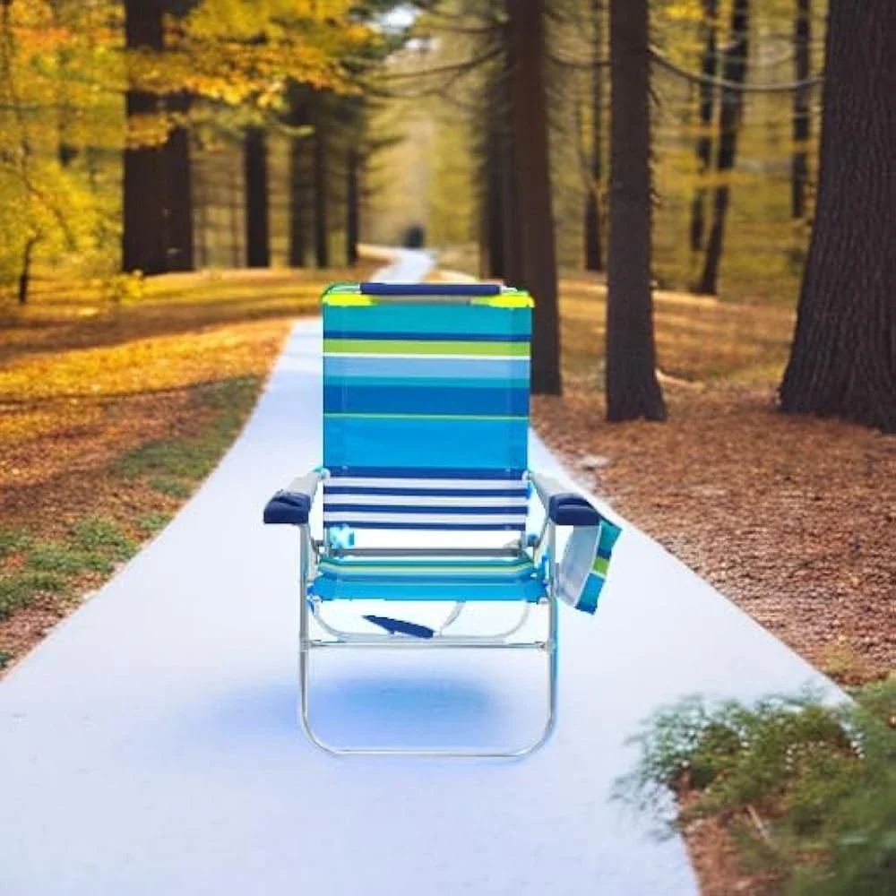 

17" Extended Height 4-Position Folding Beach, Camping, Lawn Chair, Stripe, With handrail Equipped with cup holder Beach Chairs