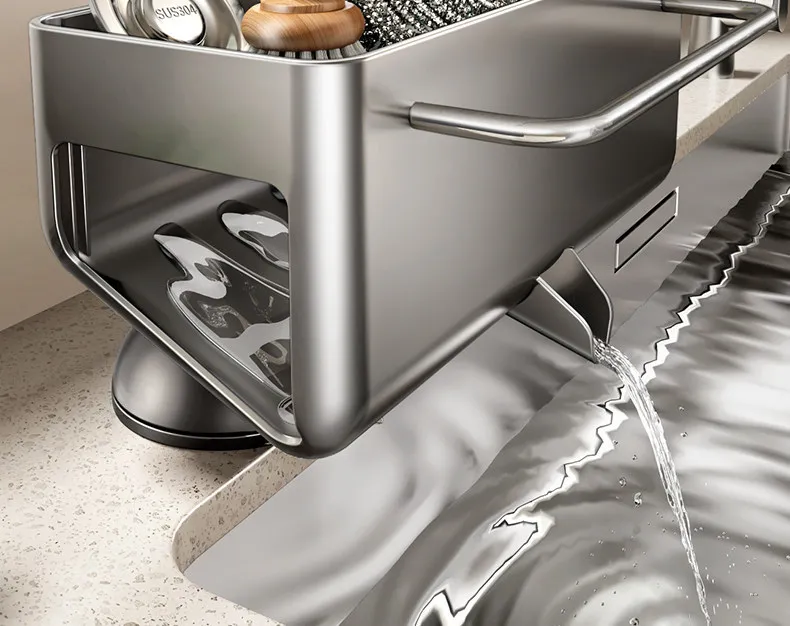 No Drill Suction Cup Kitchen Sink Caddy with Towel Bar Kitchen Sink Sponge Holder Dishcloth Drying Rack Sink Drain Basket