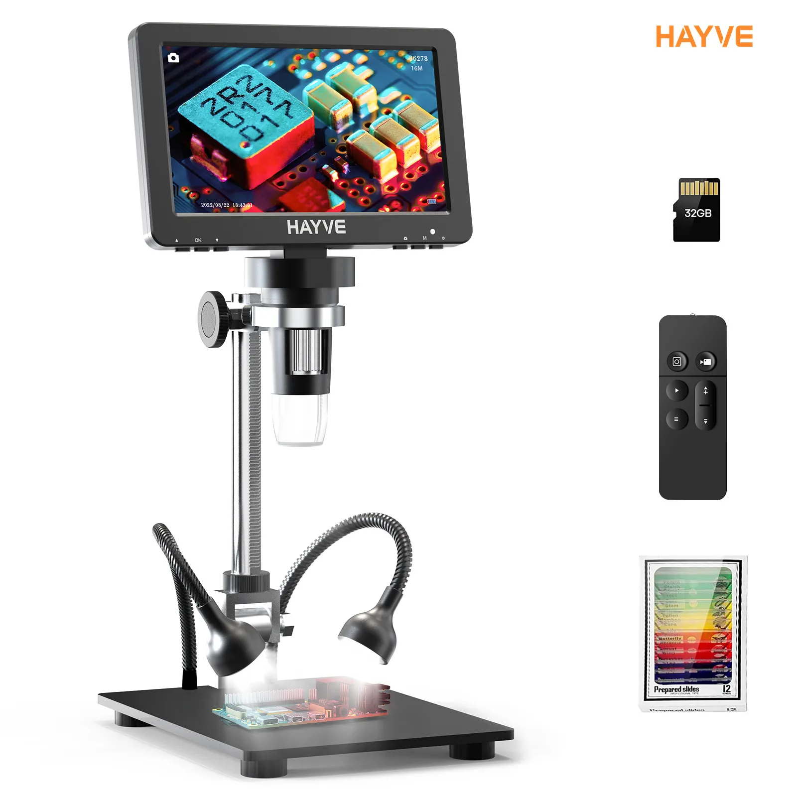 Hayve 7\'\' HDMI Digital Microscope 1200X Coin Microscope with IPS Screen 16MP Soldering Microscope with Lights 32GB Card（DM9H)