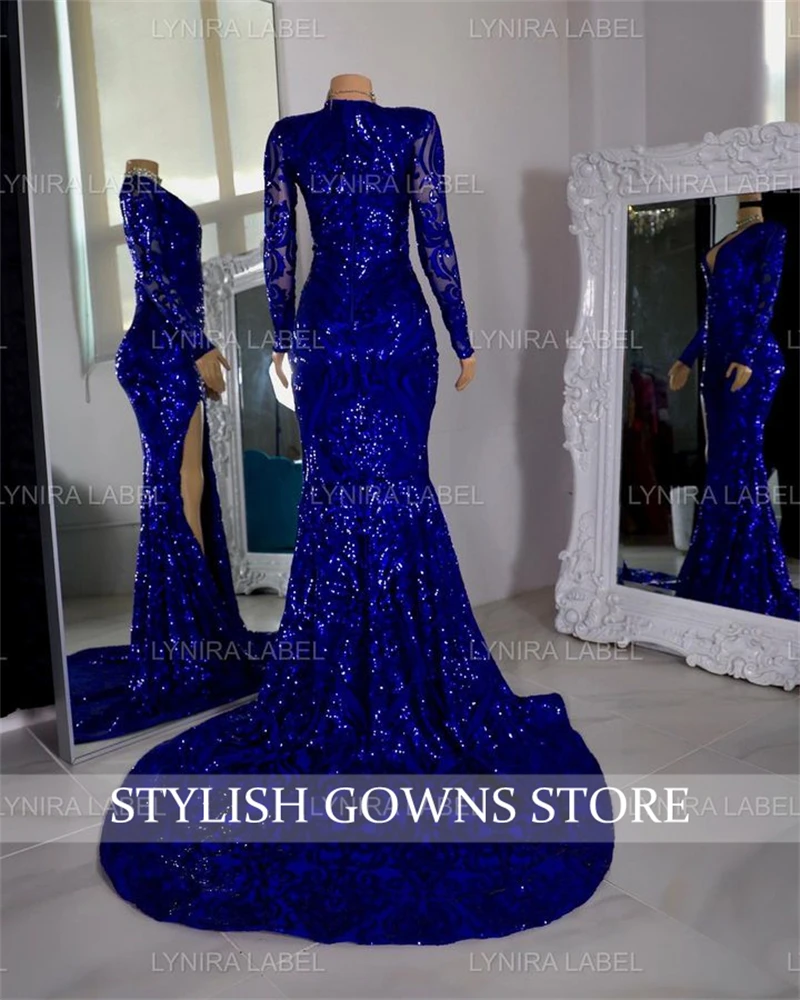 Azul Royal Deep V Neck Long Prom Dress Meninas Pretas 2024 Lantejoula Birthday Party Dresses Com Full Sleeve Evening Gowns Personalizado