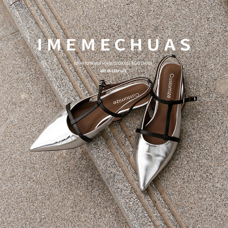 Women Sandals Narrow Band Slingbacks Summer Sandals Closed Toe Party Wedding Handmade Real Leather Lady Dress Silver Shoes