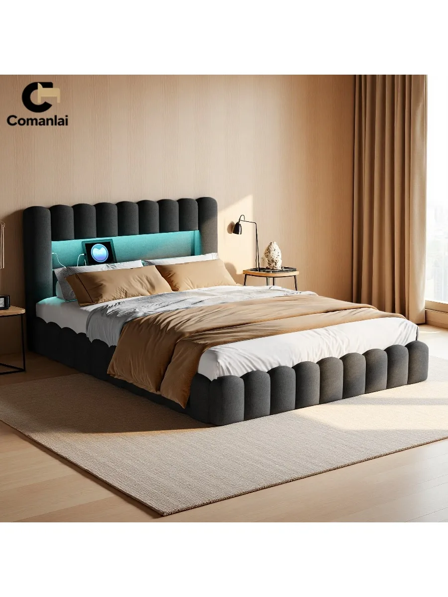 Comanlai gestoffeerd tweepersoonsbed 180x200cm met hydraulische opbergruimte, bedframe met LED-verlichting & USB-oplaadpoort - afbeelding 2