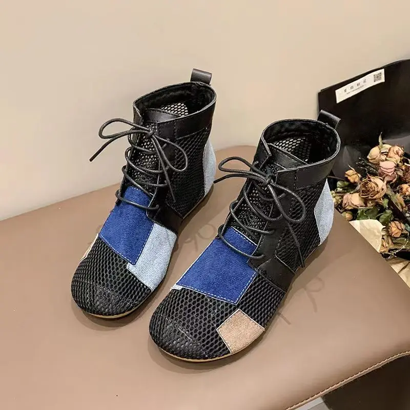 New Summer Women's Mesh Hollow High Top Flat sole Boots Soft Sole Non Slip Breathable Lace Up Mixed Colors Sandals image 3