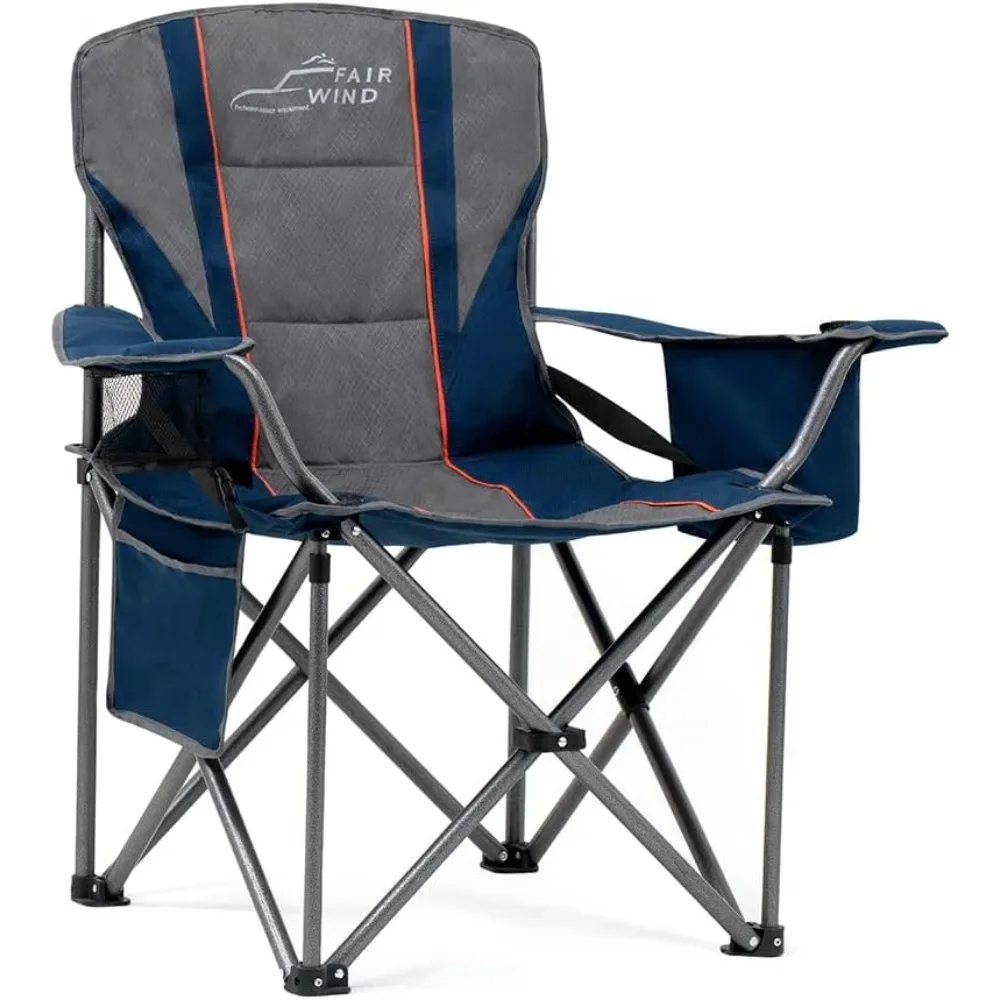 Padded Camping Chair with Lumbar Support, Heavy Duty Quad Fold Arm Chair with Cooler Bag, Folding Chair