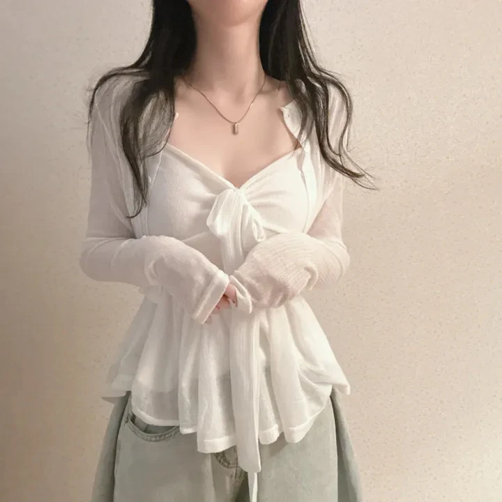 2 pezzi set autunno primavera 2026 volant francese stile chic scollo a V canotta + cardigan a maniche lunghe camicetta allentata capispalla femminile (hg7280
