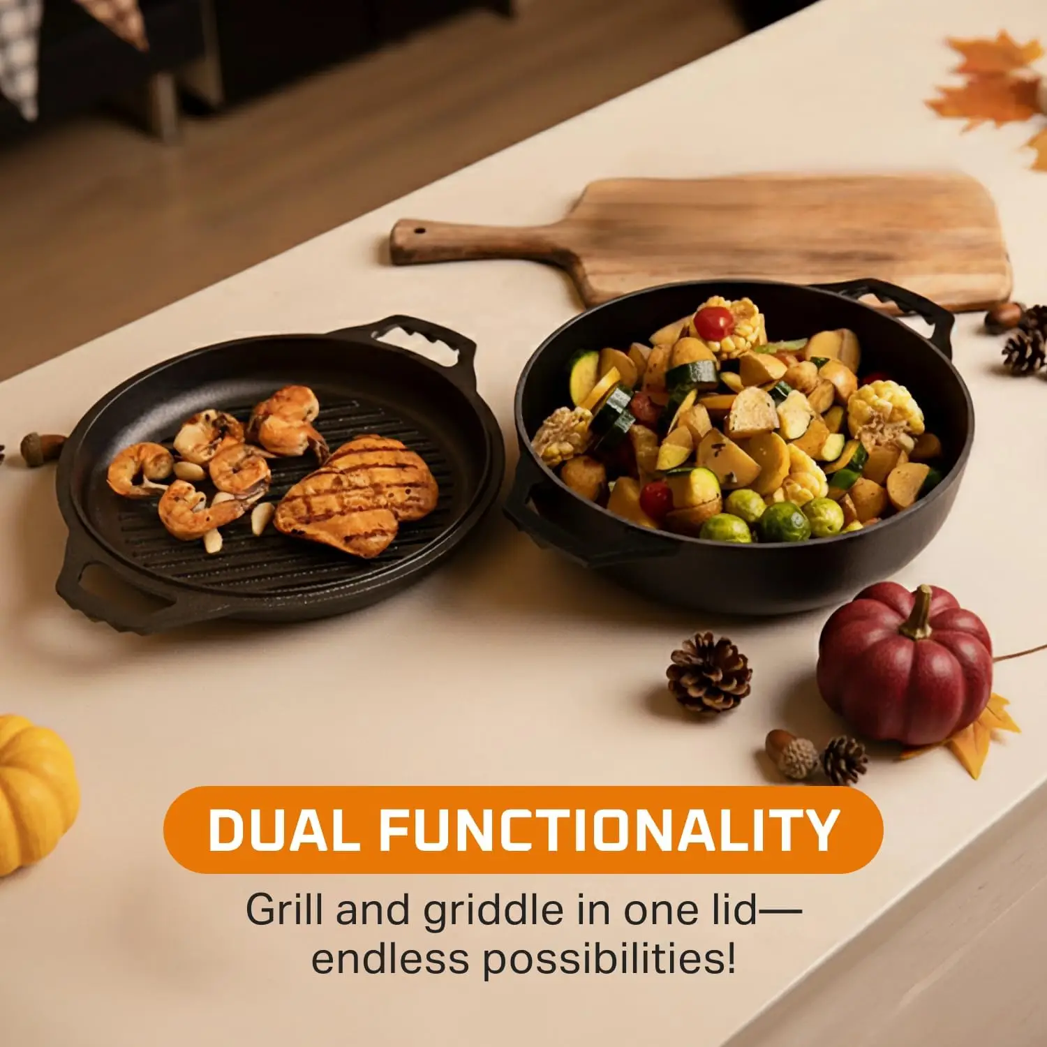 2-in-1 Pre-Seasoned Cast Iron Dutch Oven, 3.3 Qt, Oven-Safe Gumbo Pot with Grill Lid, Dual Handles, Black