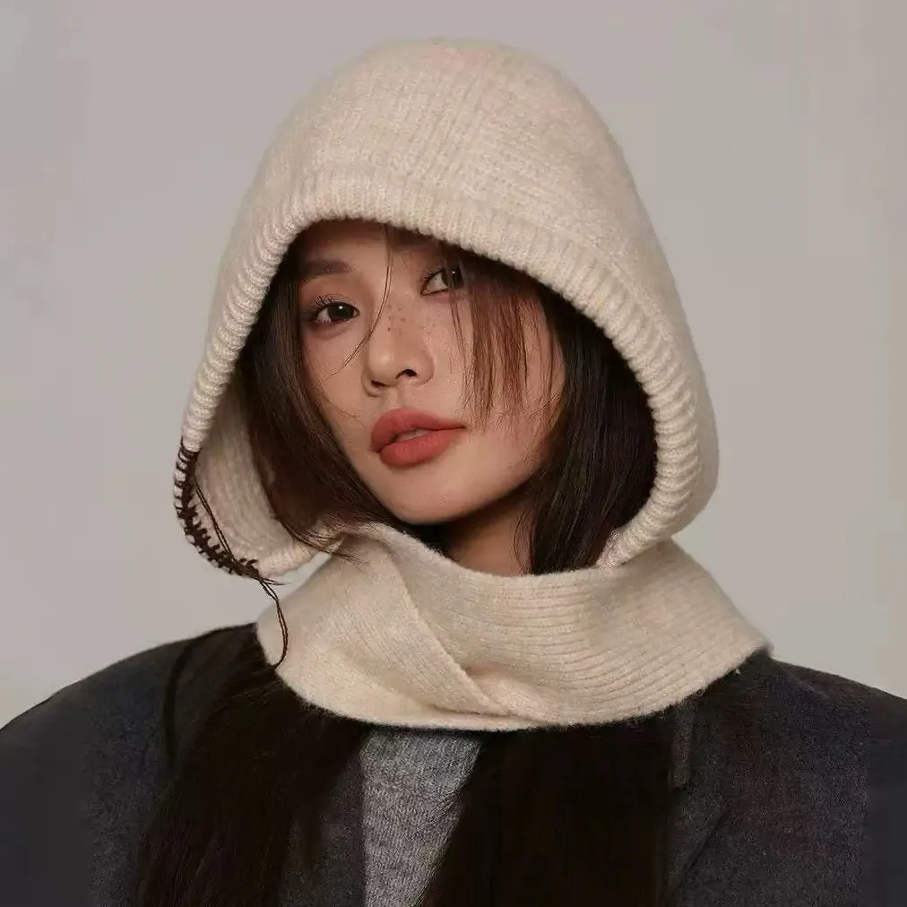 Women Winter Integrated Hat Scarf Knit Bow‑Tie Hood Wrap Solid Color Stitched Trim Neck Ear‑Protection Knitted Cap Daily Wear