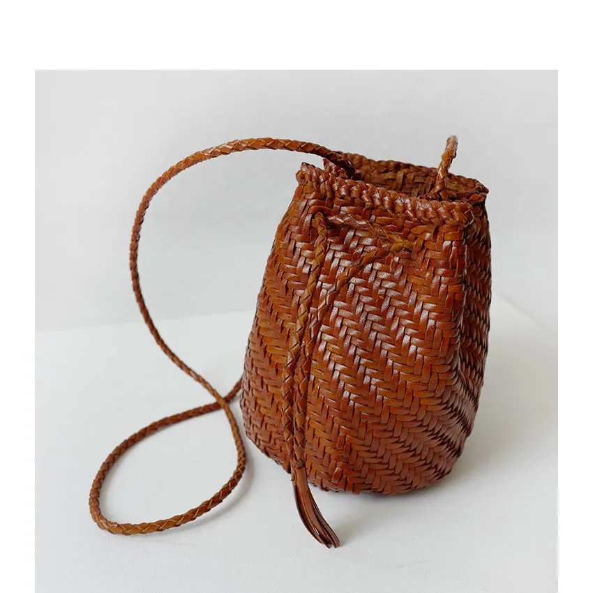 French-Style Mini Bucket Bag Handcrafted Woven Leather Simple Casual Crossbody for Vacation