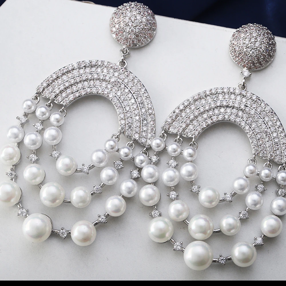 Fashion Drop Earrings Women's Wedding Party Cubic Zircon Earrings Brazilian Style Mock Pearls Luxury Jewelry