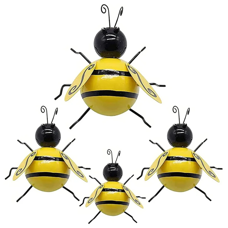 -ABJZ Metall-Bienen-Wanddekoration, 3D-Hummel, Wandkunst, Dekoration, Biene, Wandkunst, Skulptur zum Aufhängen, 4 Stück