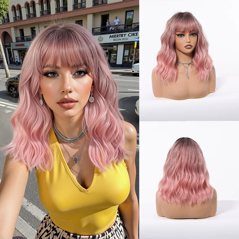 

Short BlackPink Bob Synthetic Wig Short Wavy Lolita Natural Fake Hair Wigs With Bangs For Women Use Heat Resistant Cosplay Party