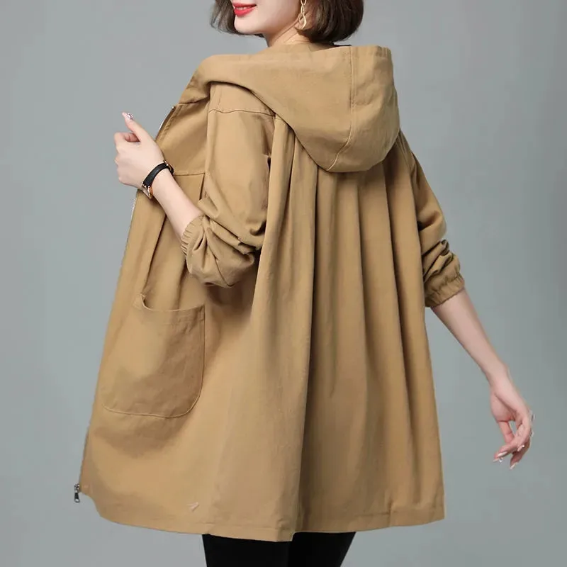 Double Layer Women Windbreaker 2023 New Spring Autumn Loose Mid-Length Hooded Trench Coat Mother Fashion Cotton Lining Tops 4XL