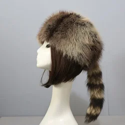 Unisex Autumn and Winter New Flat Top Hat Fashion Warm Thicken Plush Raccoon Fur Hat for Adult Kids