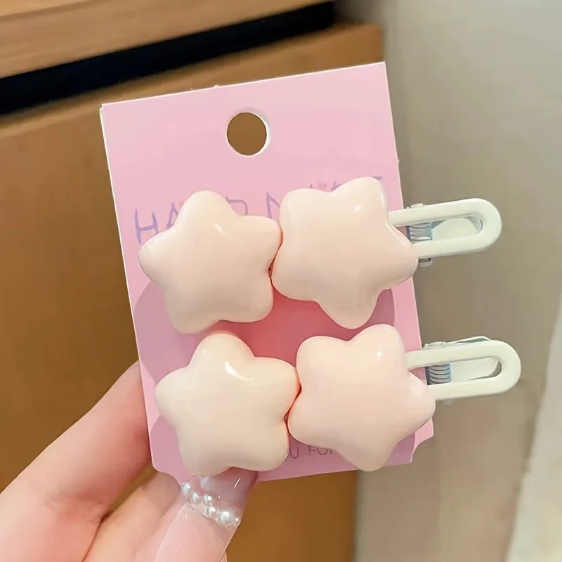 Stern-Haarspange, Cremegelbe Fünfzackige Stern-Seitenspange, Weiche Niedliche Herz-Seitenspange, Haaraccessoire für Ponyfrisuren – Detail 7