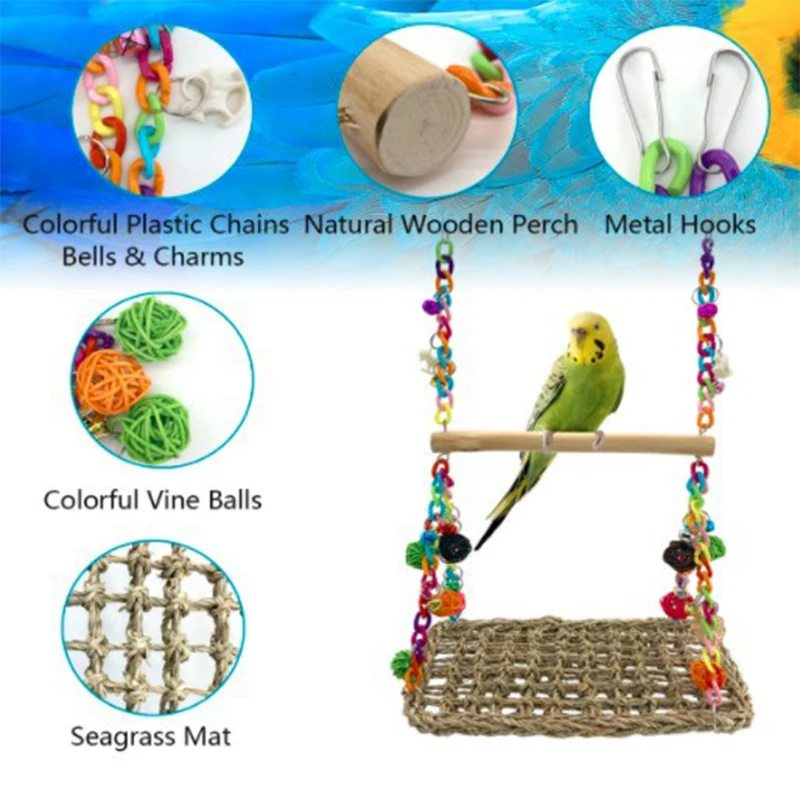 1PCS Parrot Toy Bird Toy Parrot Swing Seagrass Mat Parrot Swing Toy with Wooden Perch for Parakeets Budgie Ladder Swing Supplies