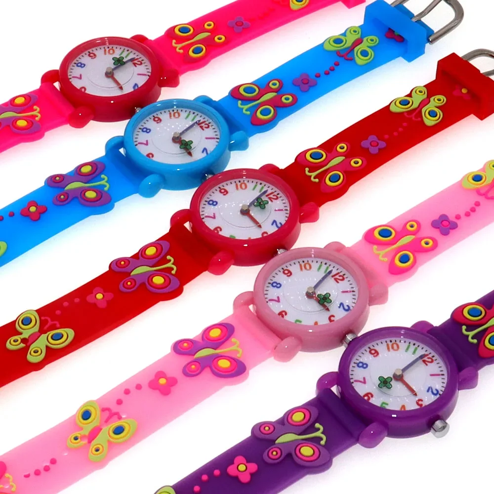 5Pcs 3D Butterfly Flower Quartz Watch Cartoon Wristwatch for Girls Students Move Hands Design Baby Clock Reloj